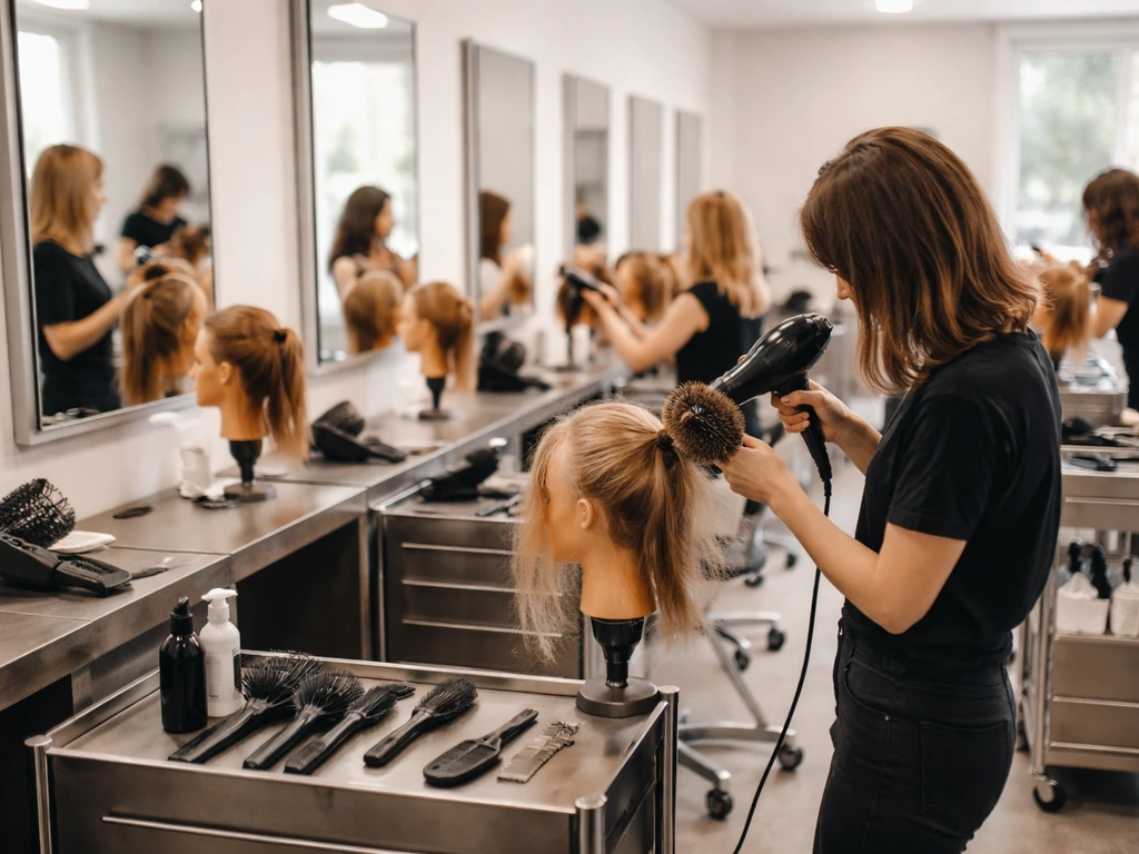 Student blow-drying a mannequin in a clean cosmetology training salon classroom with styling stations.