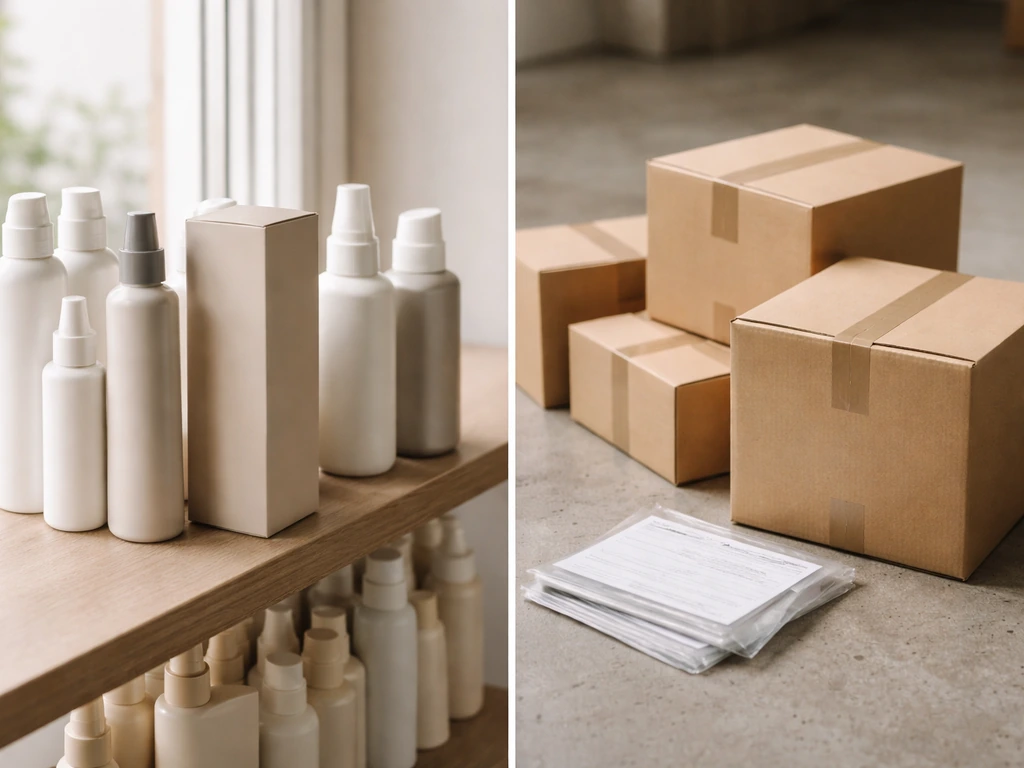 Split scene showing hair-care product retail shelf and shipment boxes moving through shipping logistics