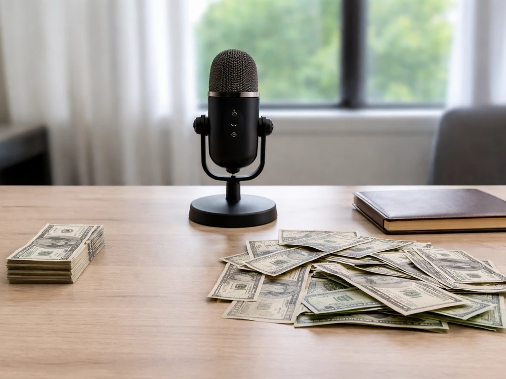 Minimal office desk with two contrasting stacks of money and an audio podcast microphone, symbolizing differing net-wort