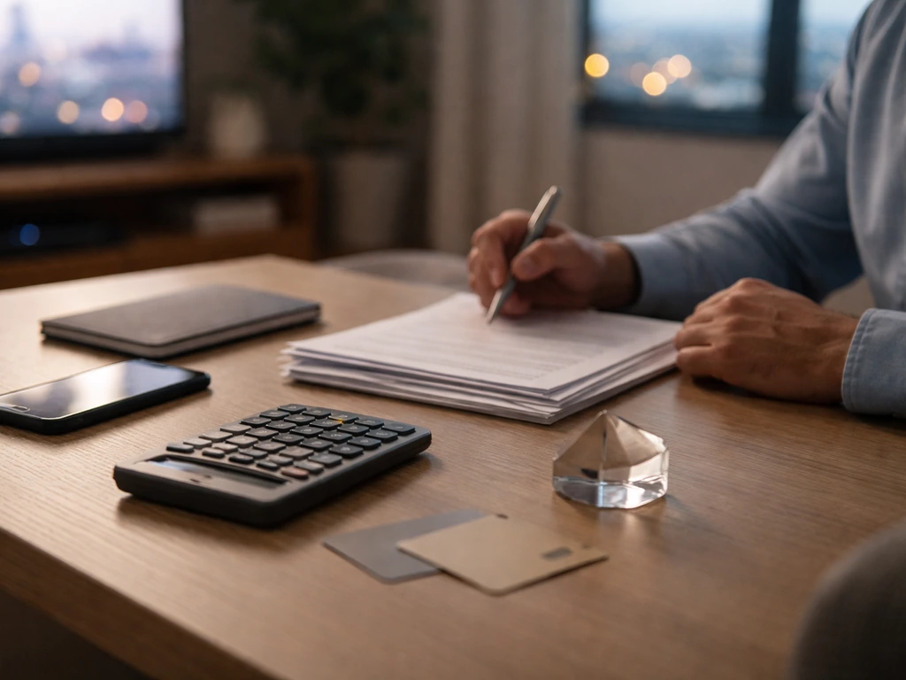 Anonymous analyst at a desk with calculator and media items, symbolizing celebrity net worth estimate modeling.