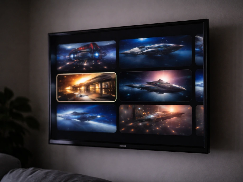 Close-up of a TV displaying a blurred streaming thumbnail grid for sci‑fi franchise shows.
