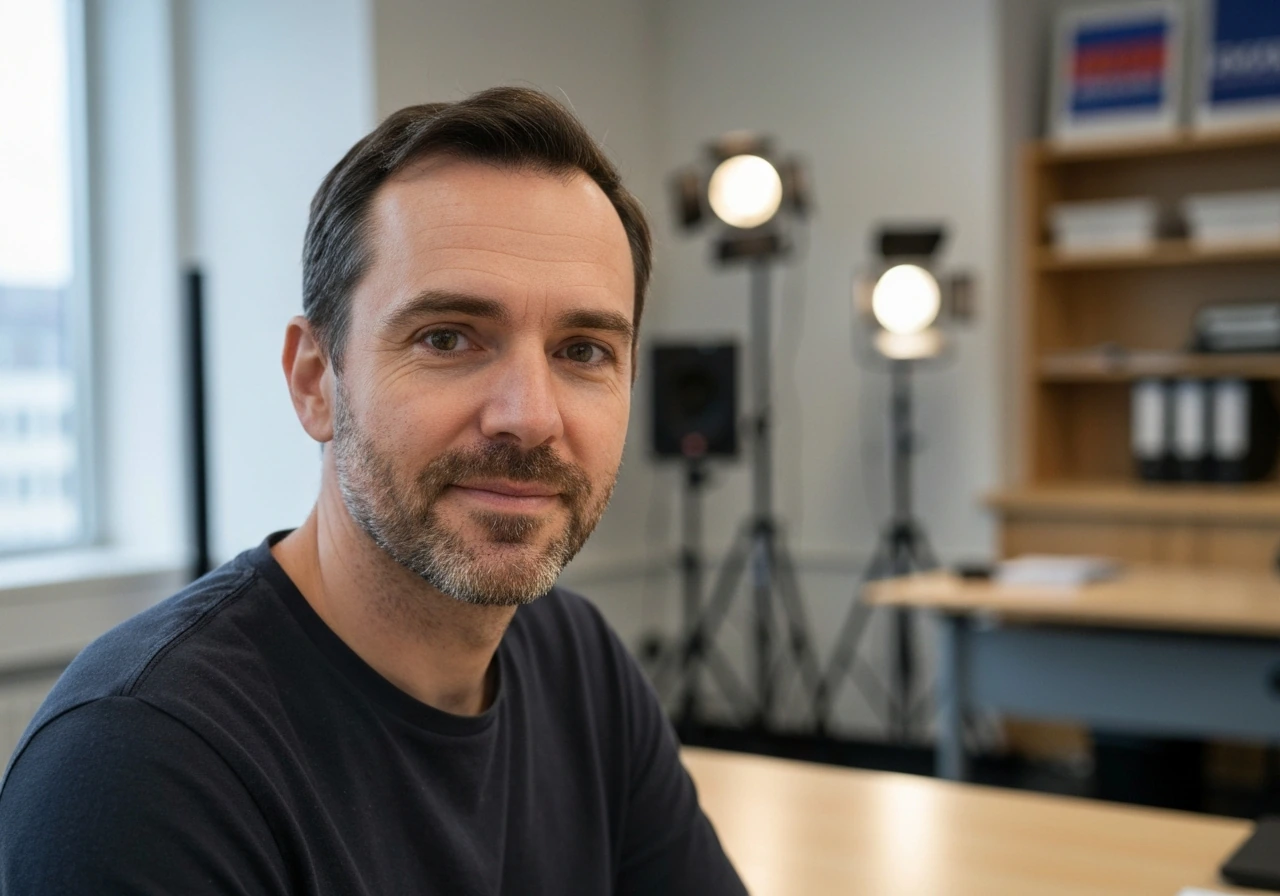 Professional-looking man in a quiet media studio, head-and-shoulders with softly blurred studio lights behind.