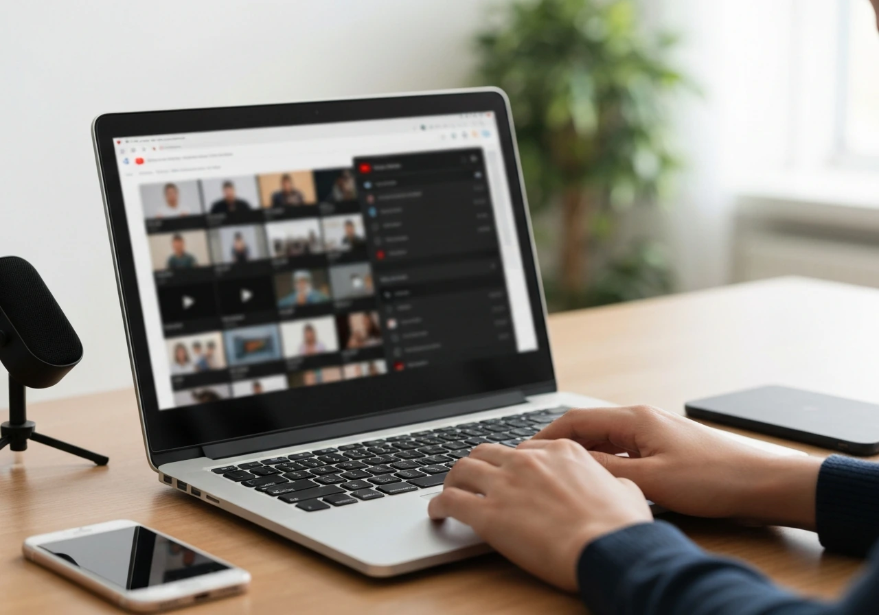 Close-up of a laptop showing blurred YouTube analytics layout, with hands and a simple home office setup.