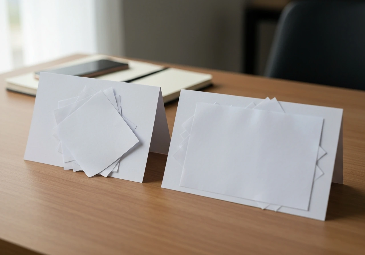 Two side-by-side blank document cards on a desk, contrasting plentiful paperwork vs missing data.