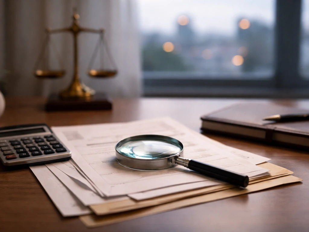 Magnifying glass over blurred documents on a desk with calculator and subtle balance-scale motif.