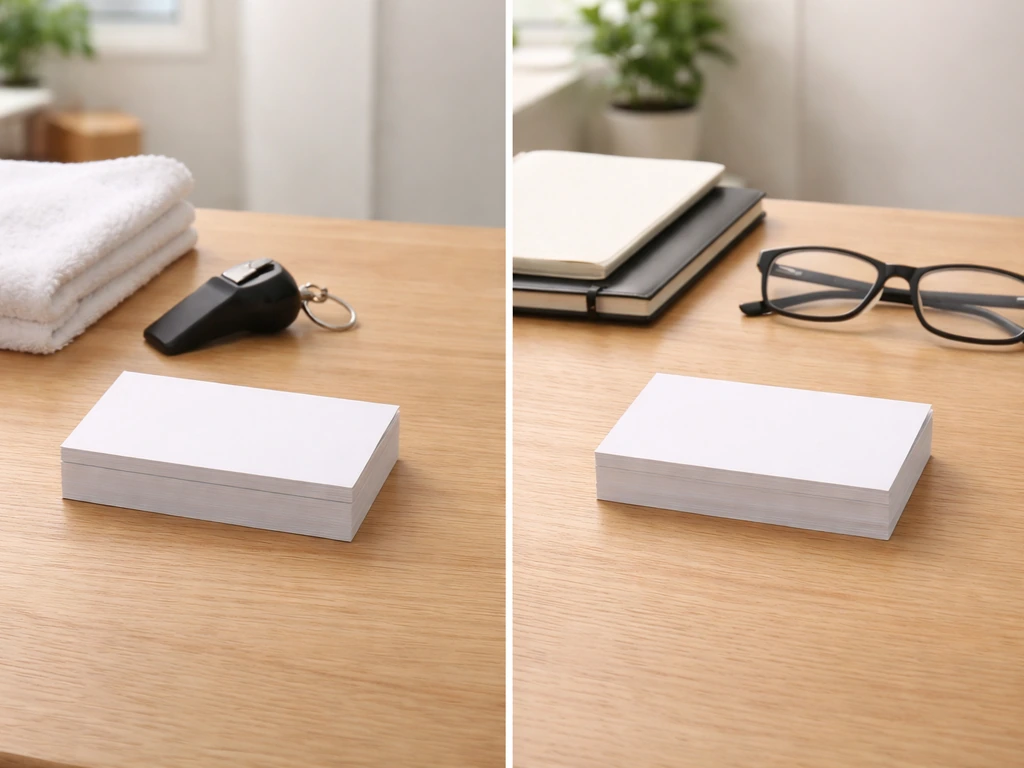 Minimal desk scene showing two separate stacks of business cards labeled only by blank placeholders