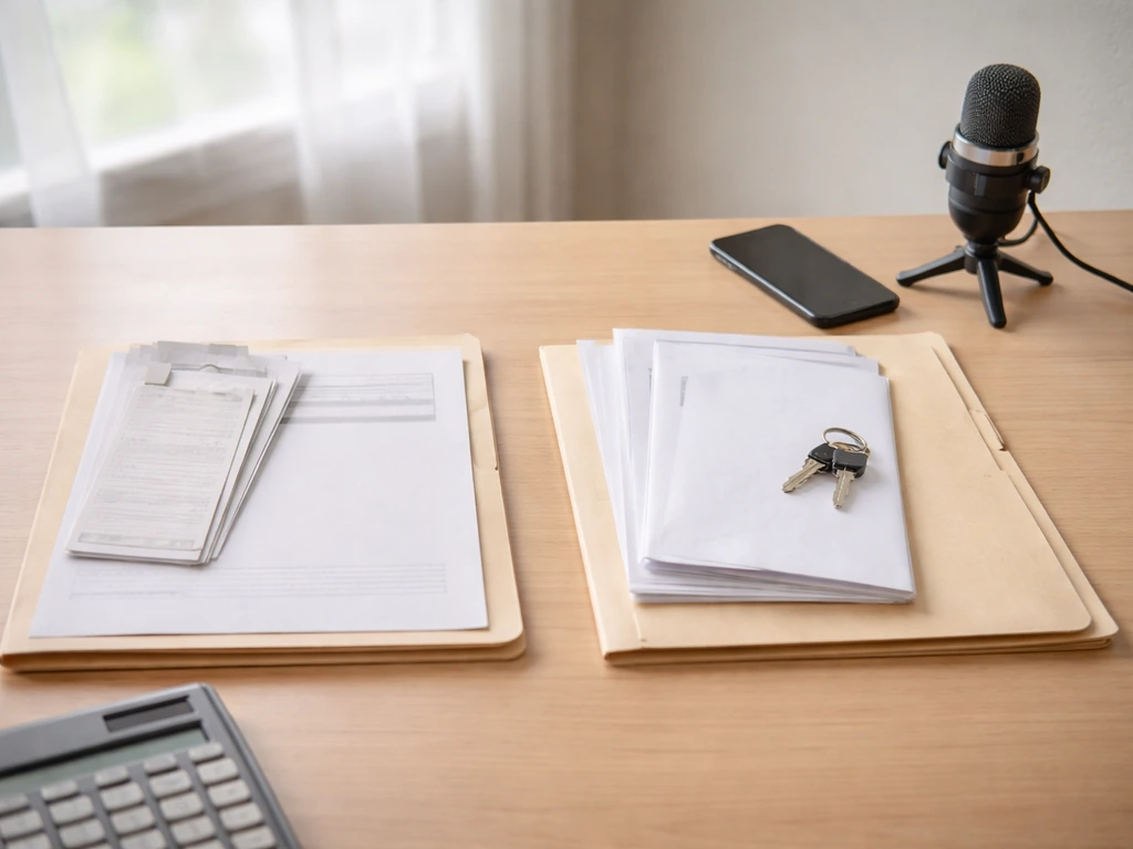 Minimal desk scene with blank documents and receipts beside a phone and microphone, contrasting income vs net worth.