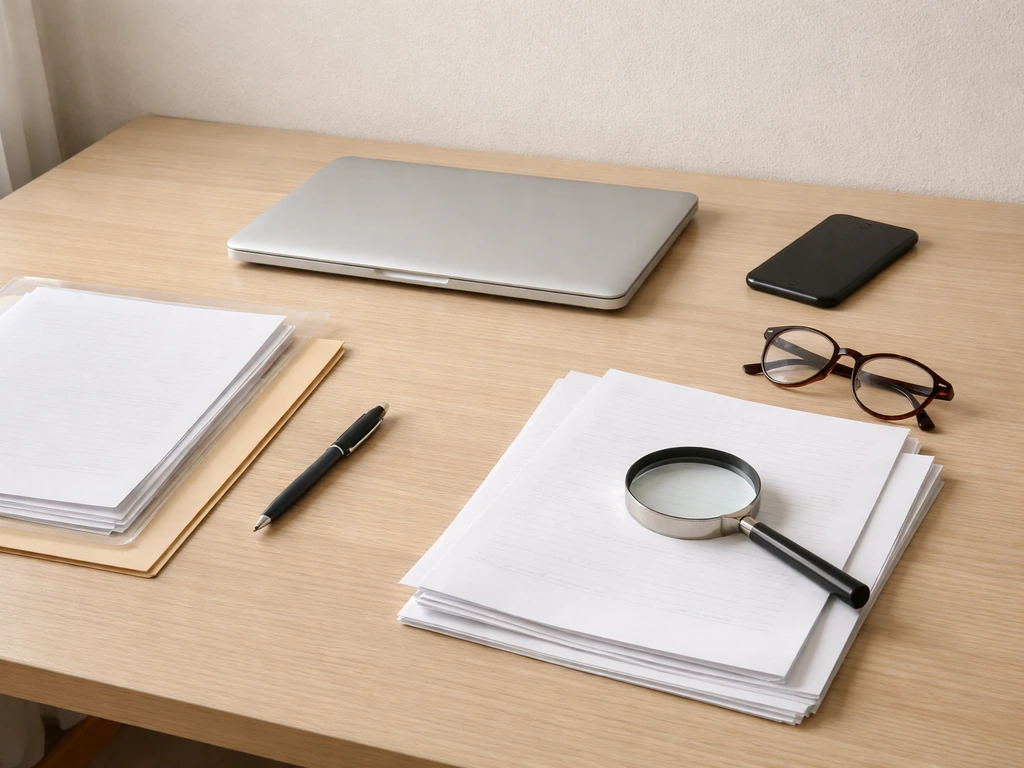 Minimal desk scene with blank documents, magnifying glass, and laptop suggesting a net worth fact-check workflow.