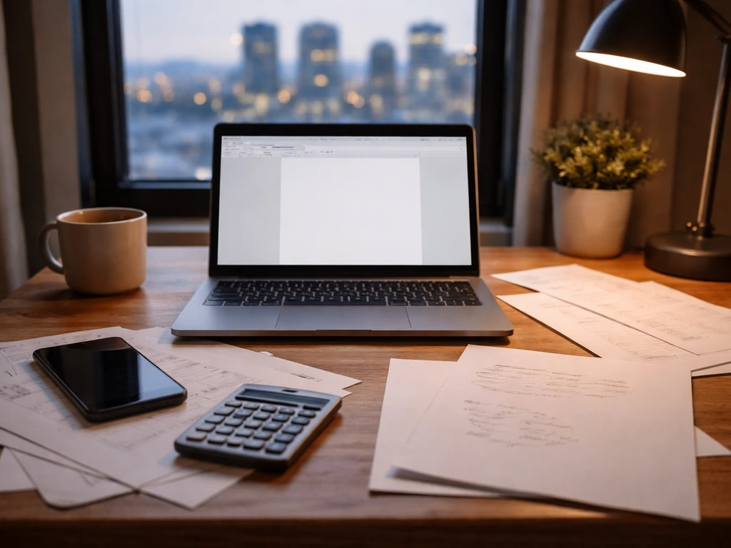 Minimal home-office desk with calculator, open laptop, and papers suggesting rough financial estimation.