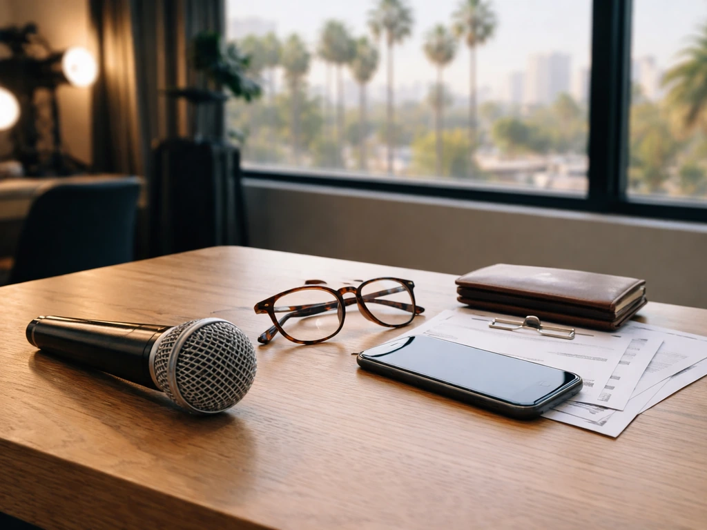A minimal media studio desk with a microphone, smartphone, and city/palm view through a window.