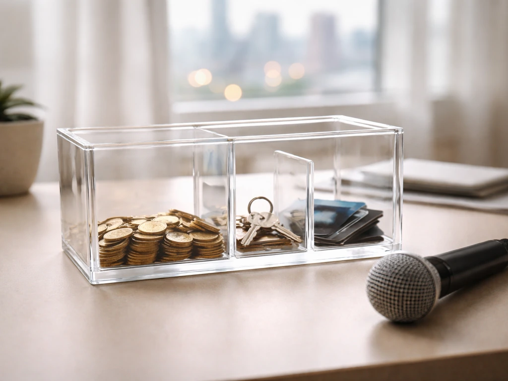 Minimal desk scene with a clear glass money box showing separated wealth-related compartments.
