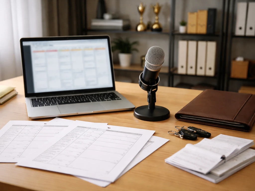 Minimal production office desk with laptop, microphone, and blank papers suggesting media credits and income.