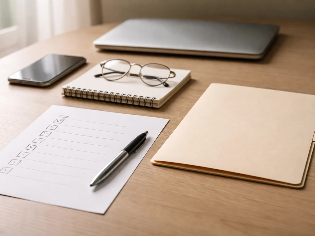 Minimal due-diligence desk scene with checked paper, pen, glasses, notepad, and phone/laptop.