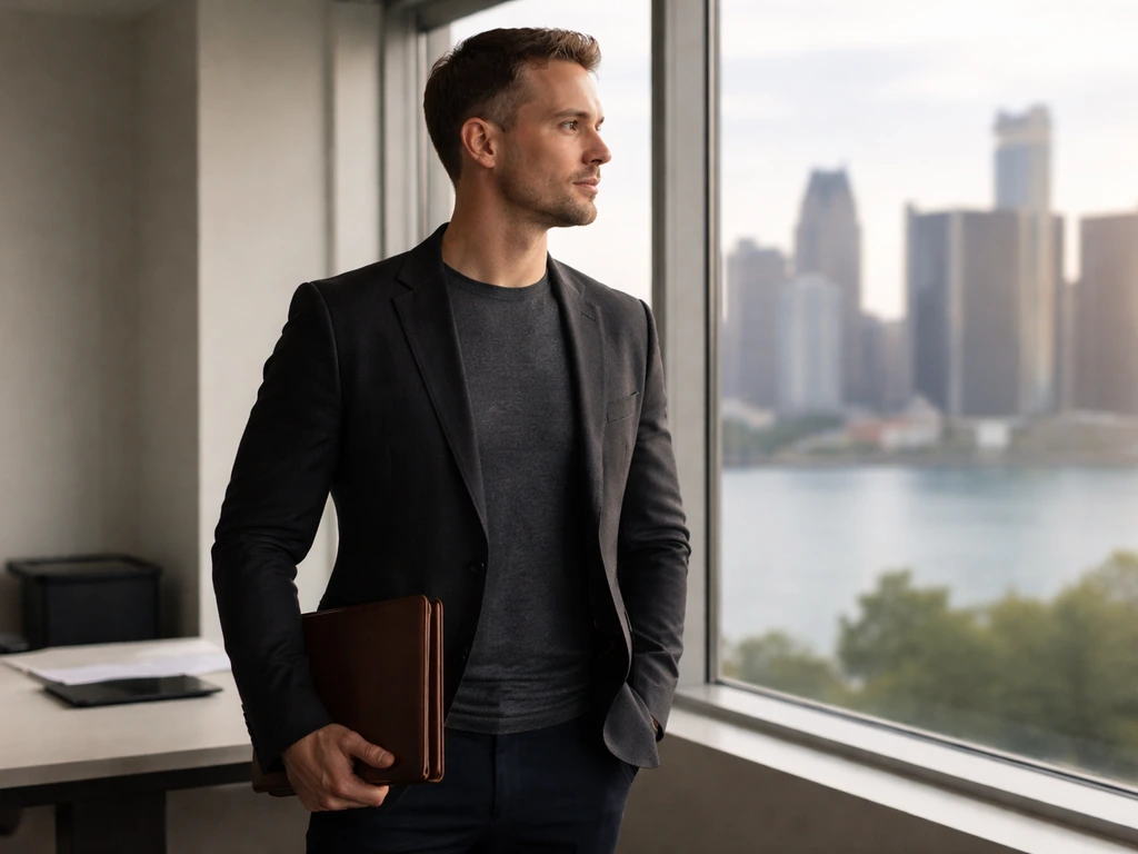 Anonymous Detroit business executive in a modern office by a window with a softly blurred skyline.