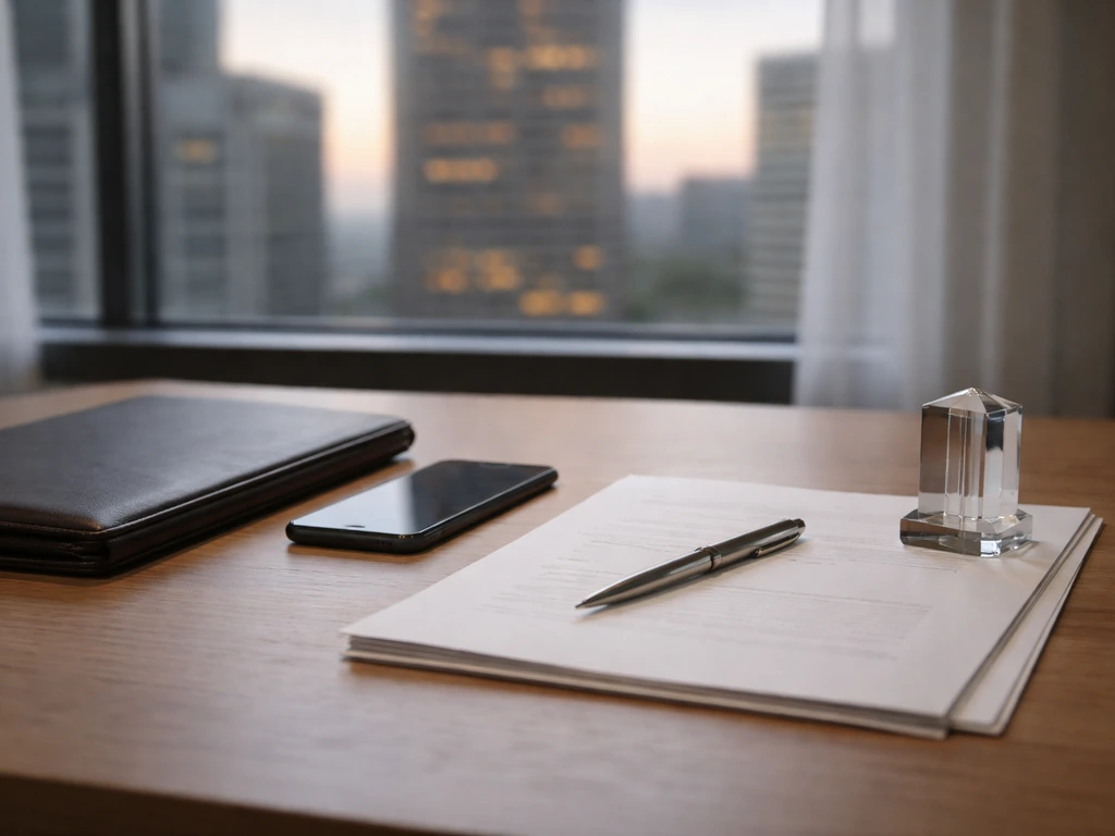 Minimal executive desk with portfolio, documents, pen, and a small glass building paperweight symbolizing wealth sources