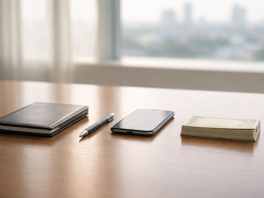 Minimal office desk with a notebook, pen, and blurred city skyline symbolizing career and financial milestones timeline.