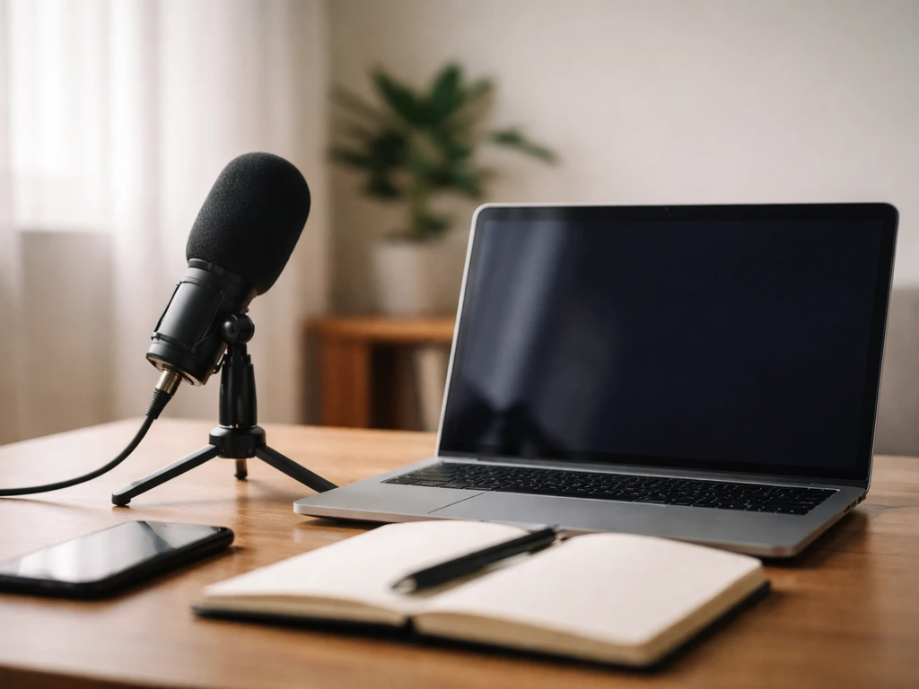 Minimal newsroom-style desk scene with microphone and laptop, symbolizing media profile verification