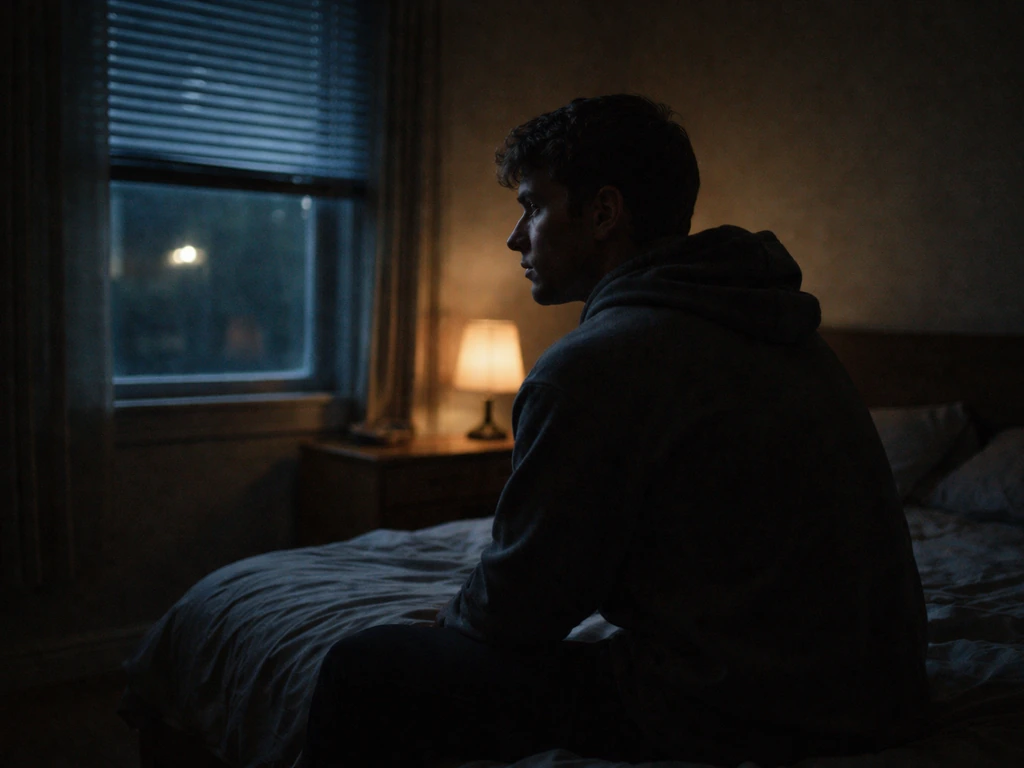 Actor-like figure in a dim suburban bedroom, looking out a window at night, fitting a film-still mood.