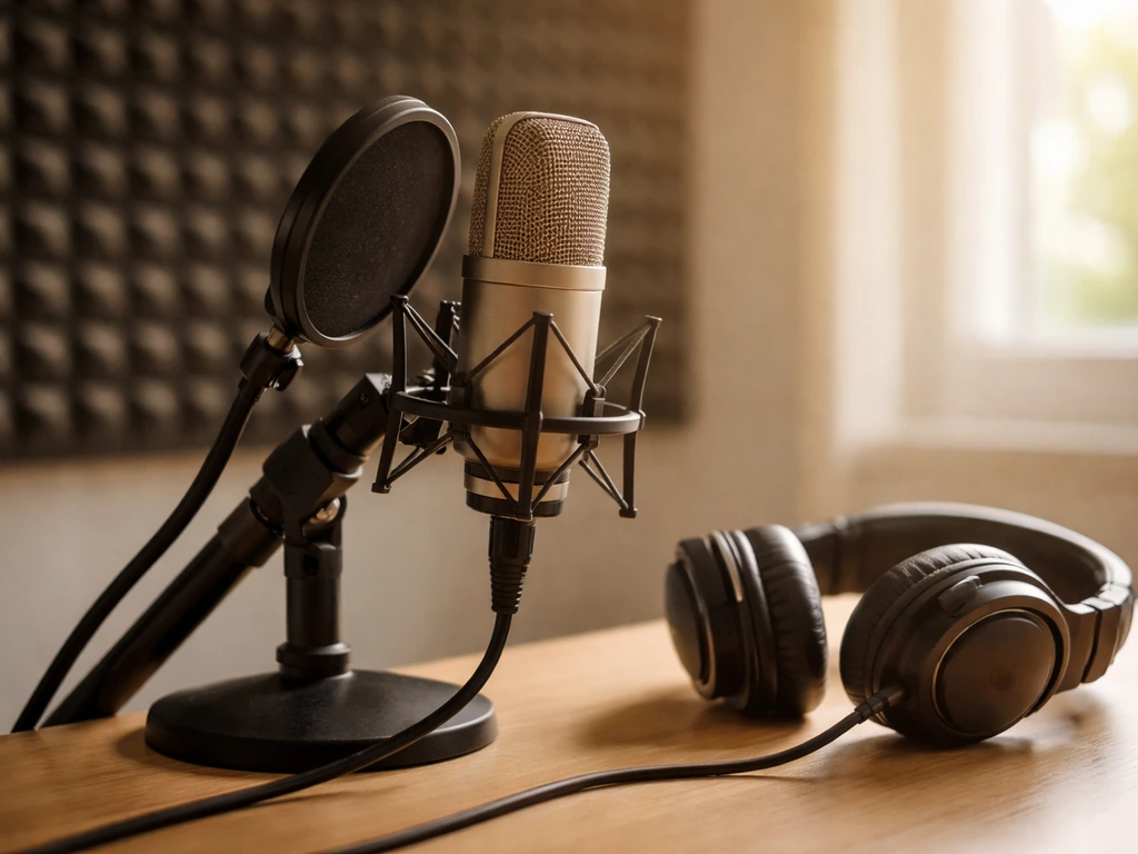 Unoccupied voice acting setup with a studio microphone and headphones on a simple desk.