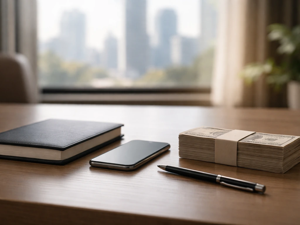 Minimal modern office desk with neutral cash-like papers and finance ambiance, no people or text.