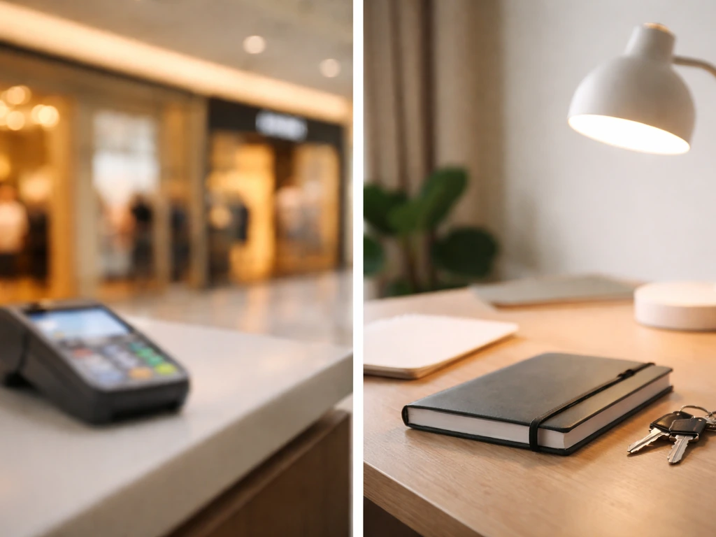Split image: blurred retail counter suggesting one identity and a quiet desk suggesting a different “Manuel Arango.”