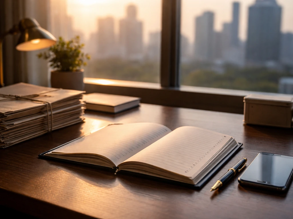 Minimal office desk with documents and pen, hinting at long-term business milestones and wealth building.