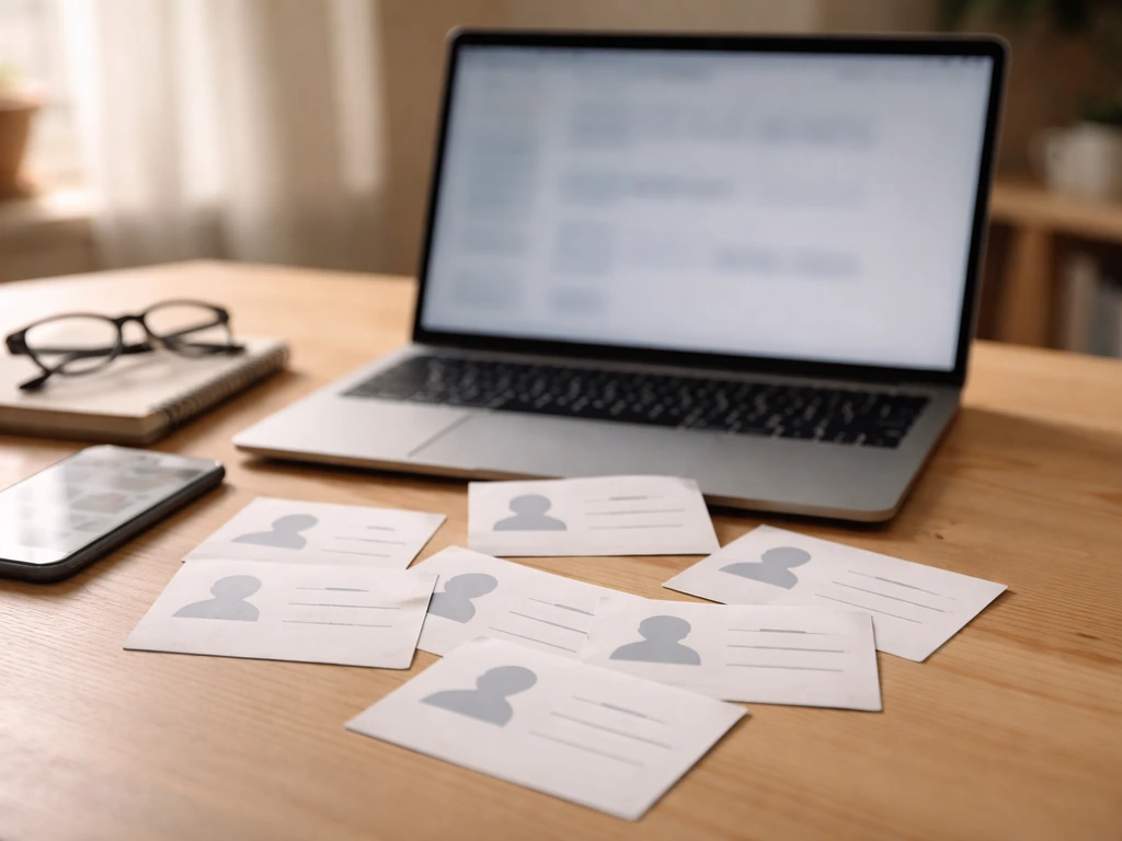 Minimal scene showing identity confusion concept with blurred name cards and search-like browsing in a media desk settin
