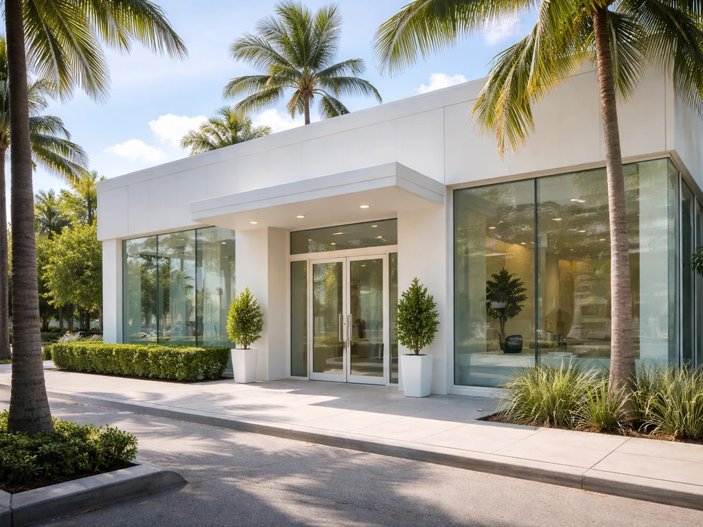 Miami cosmetic surgery clinic storefront with clean glass facade and bright natural daylight.