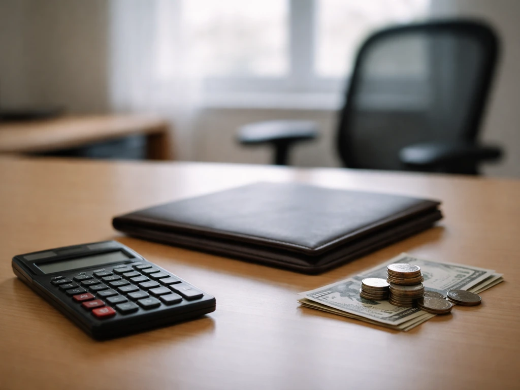 Minimal photo of a neat desk setup with a calculator, cash, and a folder symbolizing assets minus liabilities.