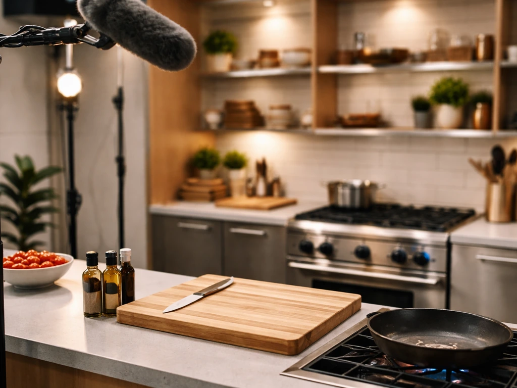 Empty TV studio kitchen set with a microphone and warm studio lights, symbolizing food TV hosting
