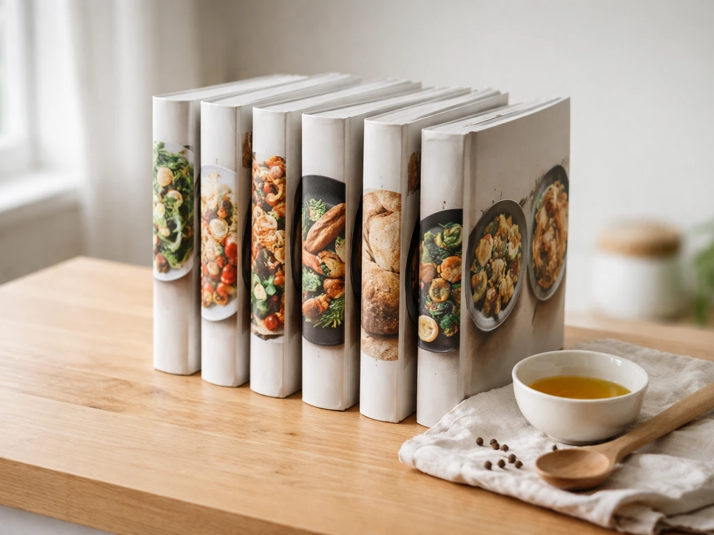 Cookbooks standing on a kitchen counter with covers visible but unreadable, symbolizing publishing royalties.