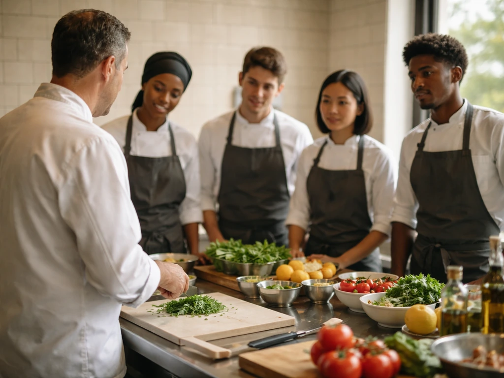 Chef mentor coaching diverse trainees at a simple kitchen prep station during a scholarship event.