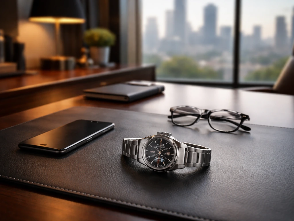 Minimal photo of a luxury office desk with a business watch and smartphone, suggesting wealth and business leadership.