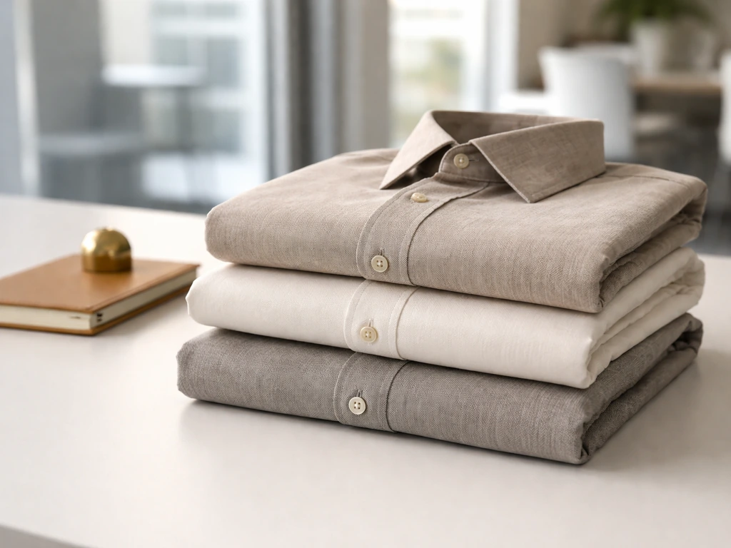 Close-up of neatly folded premium shirts on a minimalist office desk symbolizing business ownership