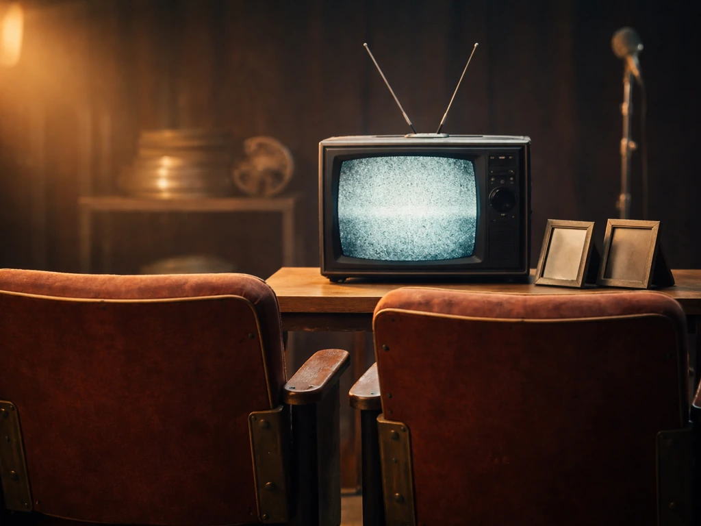 Minimal TV studio scene with vintage microphone and an analog TV, symbolizing entertainment legacy.