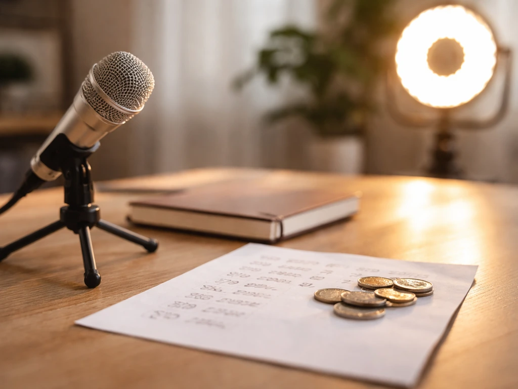 Minimal desk with microphone, notebook, and coins symbolizing media earnings and licensing sources