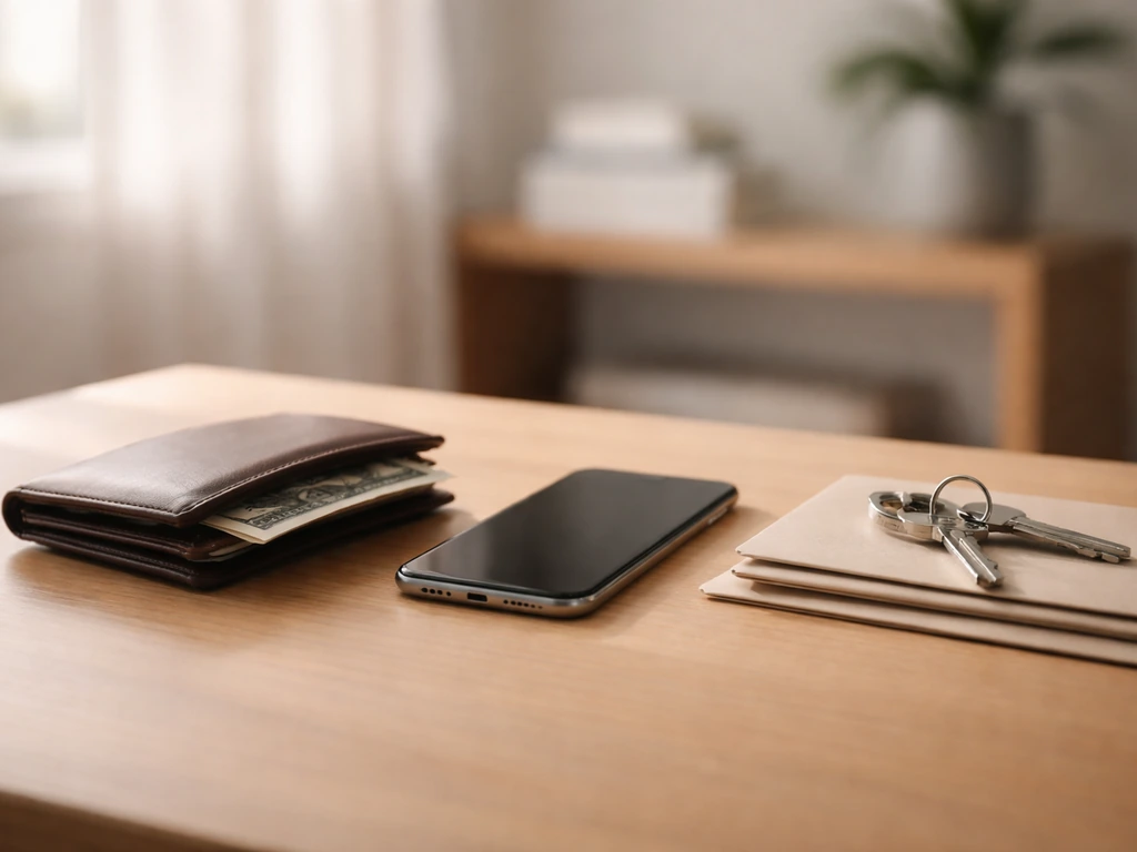 Minimal photo of an anonymous desk with a smartphone, wallet, and scattered cash suggesting a mid-2026 net worth range