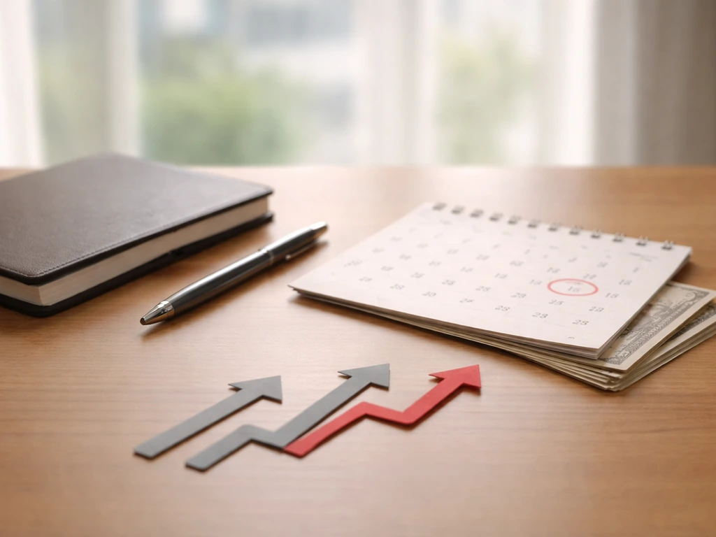Minimal desk scene with a calendar, notebook, and pen showing an earnings timeline concept