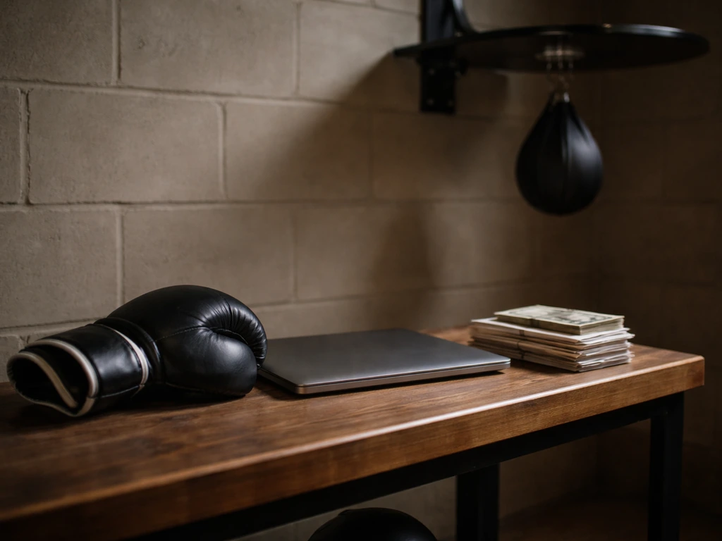 Boxing glove beside a laptop and cash envelopes in a quiet home gym office setting.