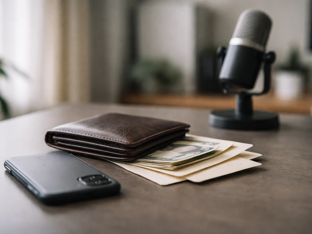 Minimal desk scene with money envelopes and a microphone, suggesting net worth estimates without any person.