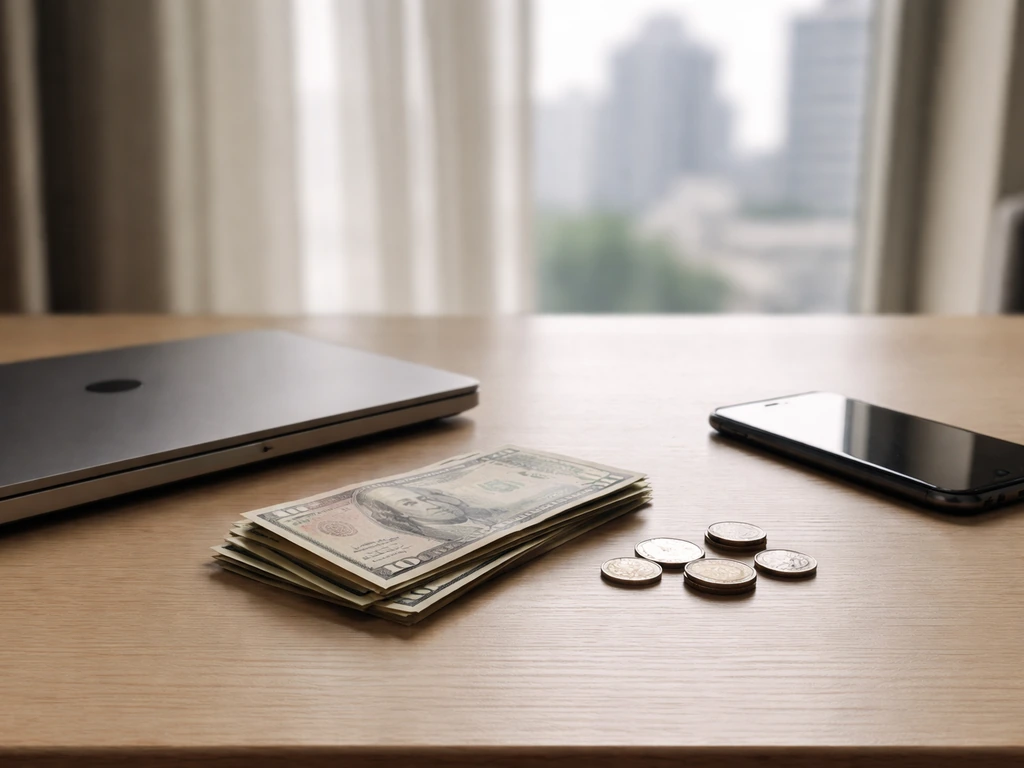 Minimal desk scene with scattered cash and a laptop, suggesting differing net worth estimate inputs.