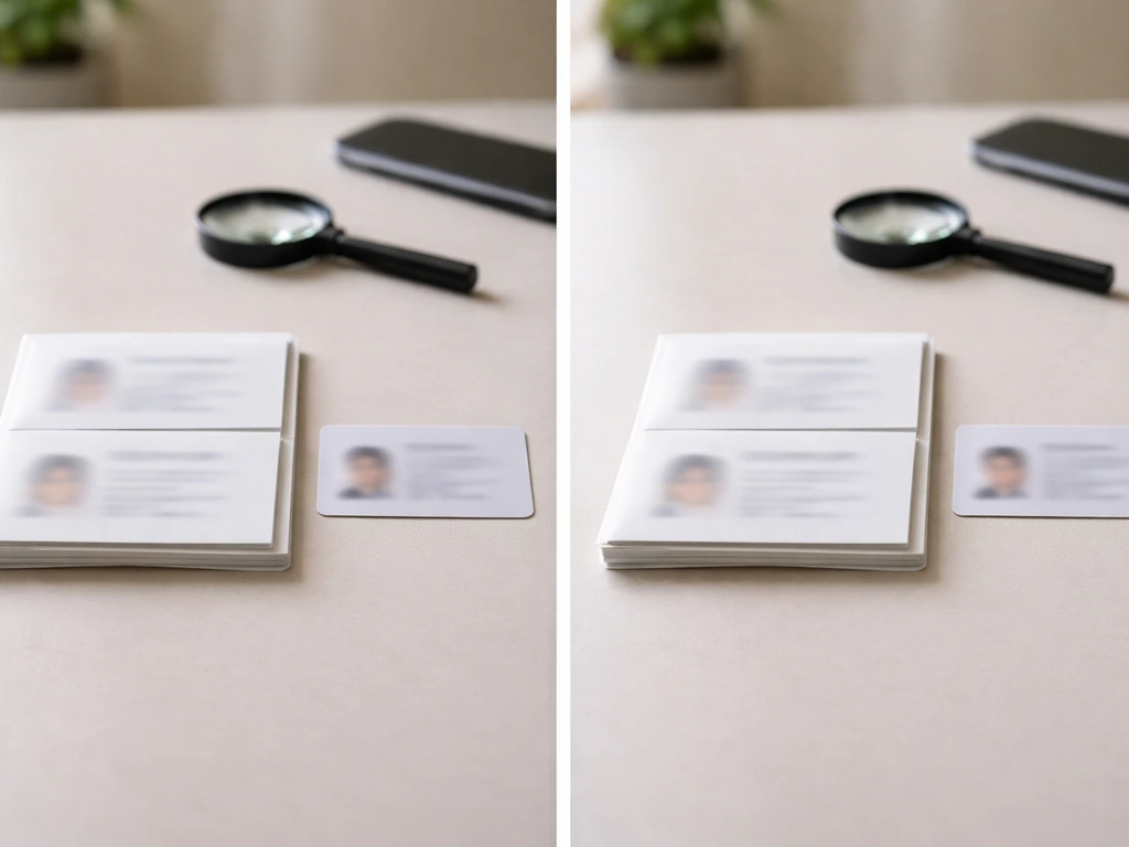Split-style photo showing two matching documents and a passport-style ID card without any readable text