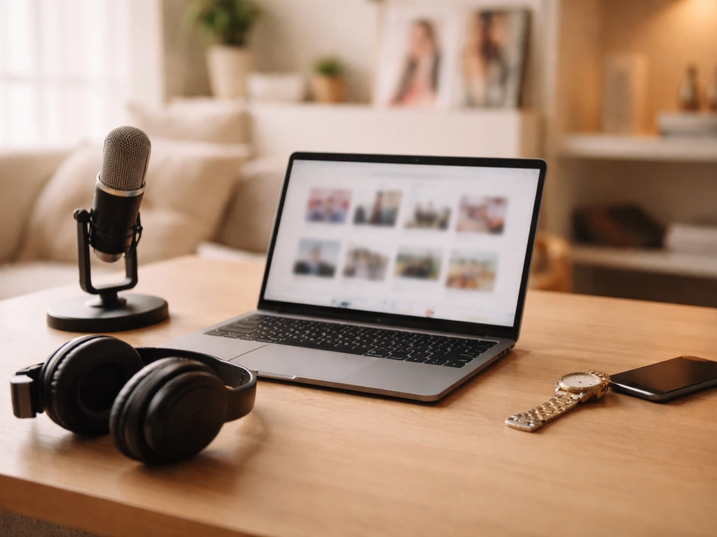 Forbes Top Creators–style mock scene: laptop, earbuds, and a blurred lifestyle-media backdrop symbolizing celebrity cove