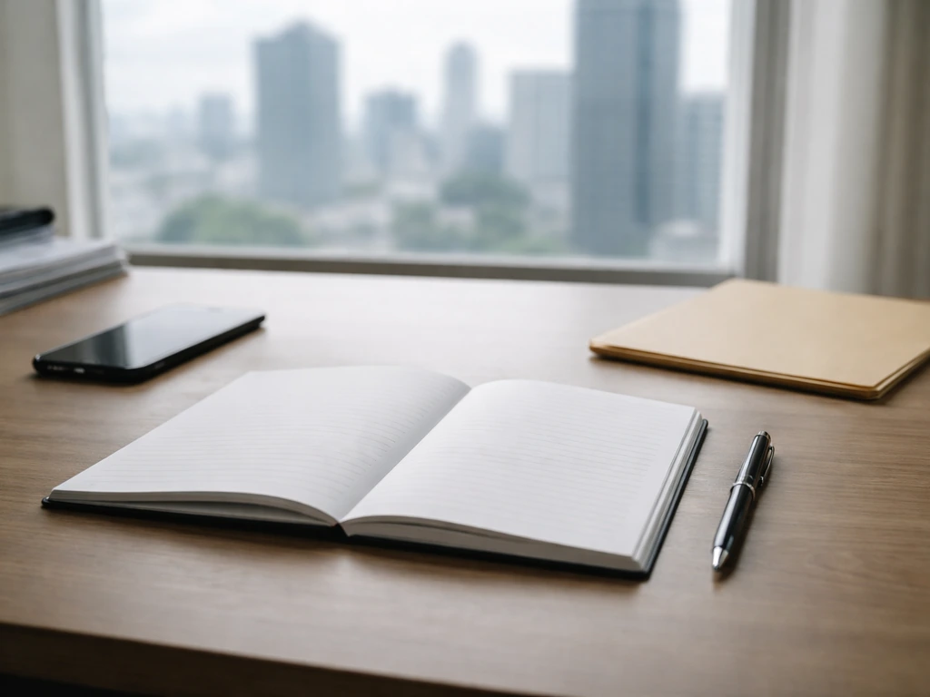 Close-up of an office desk with a notebook, smartphone, and folder beside a blurred city skyline