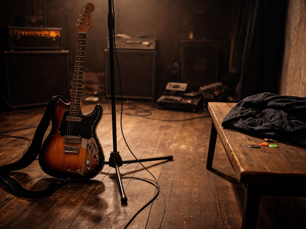 Empty punk rehearsal room with guitar and microphone stand, symbolic of El Hefe’s music context.