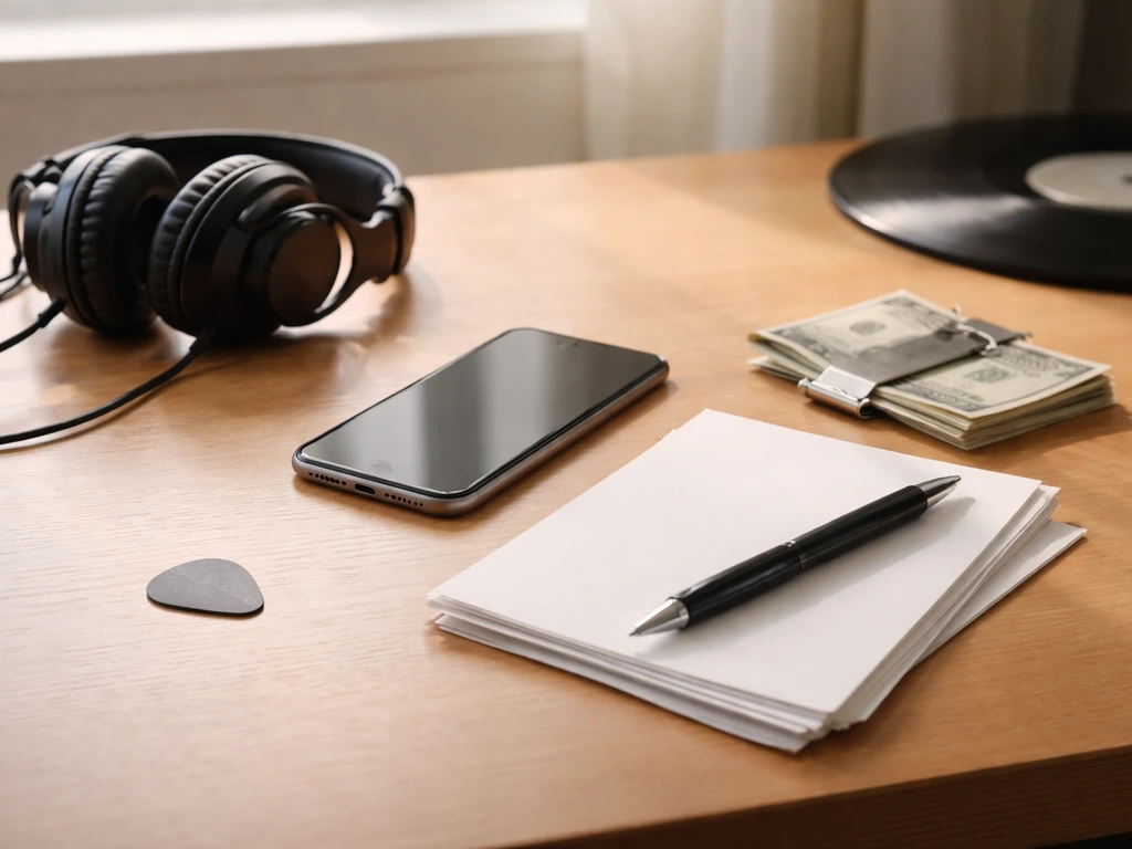 Close-up of a studio desk with headphones, a notepad, and money clips—symbolizing how net worth is estimated.