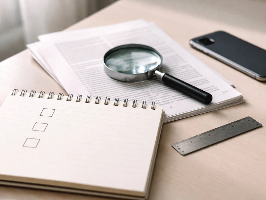 Magnifying glass over printed pages and a blank checklist on a simple desk for verifying media claims