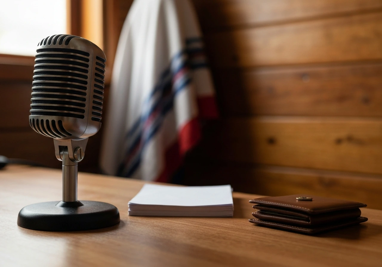 Minimal photo showing a Honduran-themed radio microphone setup near a wallet and papers