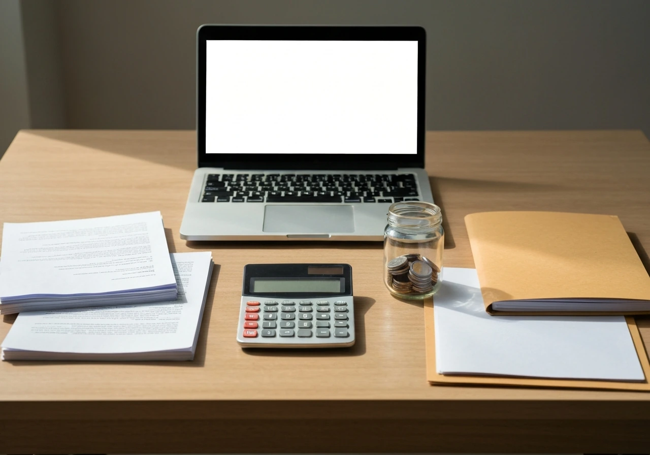 Minimal desk scene showing a laptop, neatly stacked documents, and a calculator beside a small coin jar.