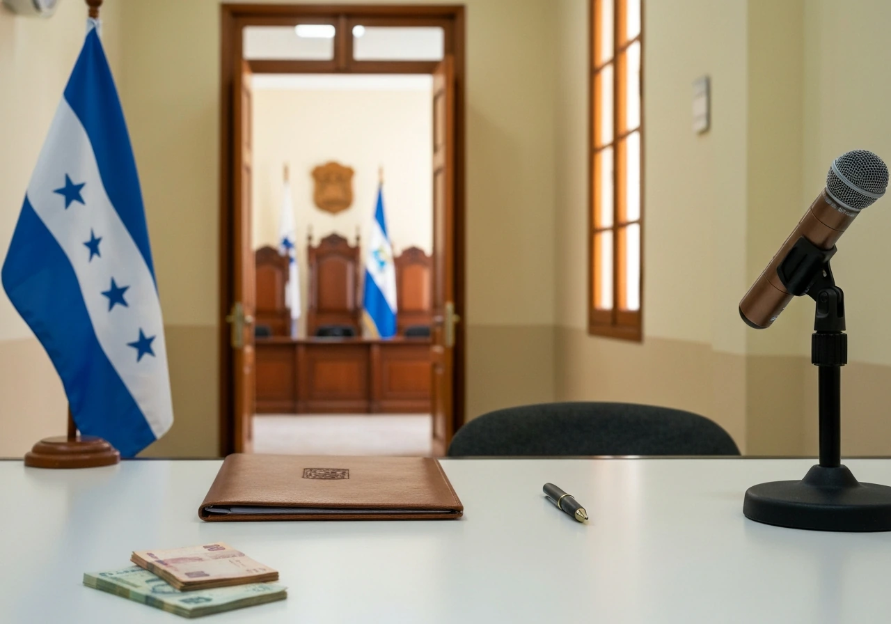 Empty office desk with unmarked documents, microphone, and visible cash in a government building setting.